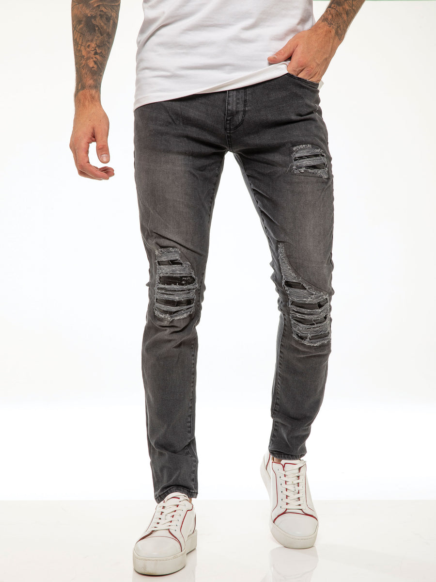 Ice Grey Double Ripped Super Skinny Jeans - Empire Jeans